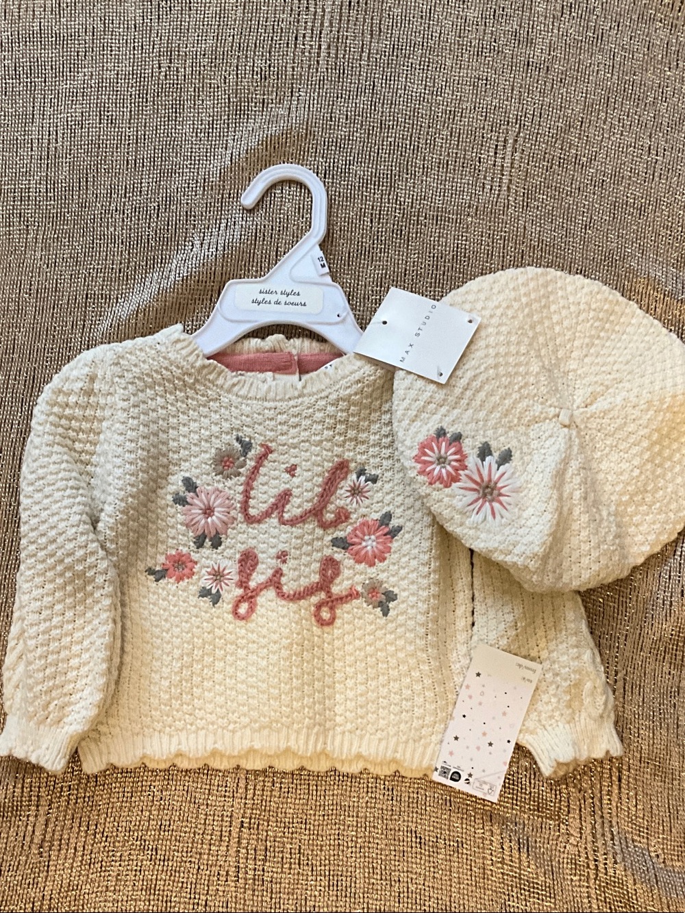 Max Studio Cream Knit Sweater & Hat Set with Pink Floral Embroidery